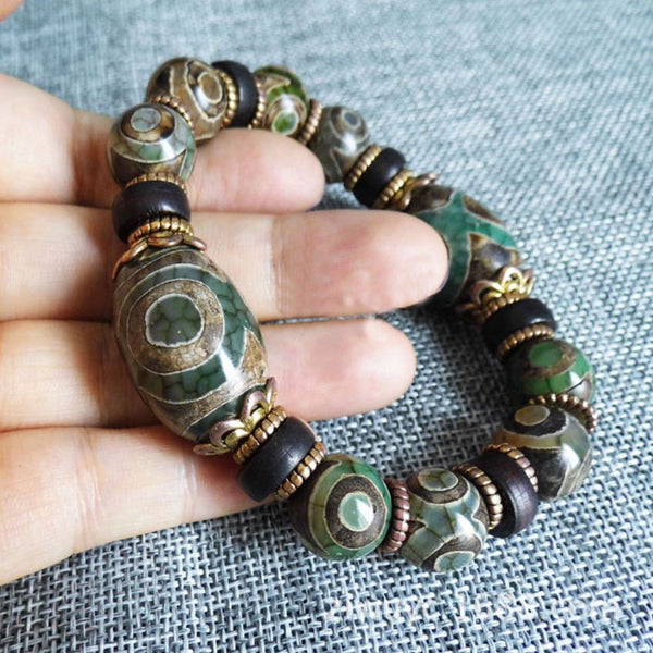 Super Energy Natural Tibetan/Himalayan Green Three Eyed Dzi Beads Amulet/ Money Magnet Bracelet