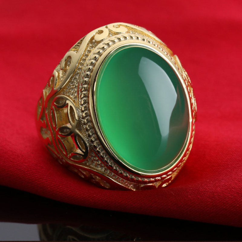 Feng Shui Natural Chalcedony Imperial Green Jade Gemstone Sand Gold Aupicious Ring