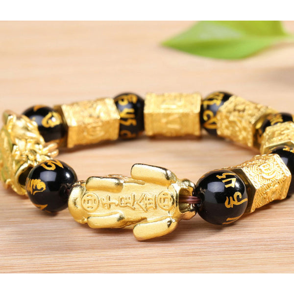Feng Shui Gold Six-Character Mantra Natural Black Agate Double Pixiu Bracelet