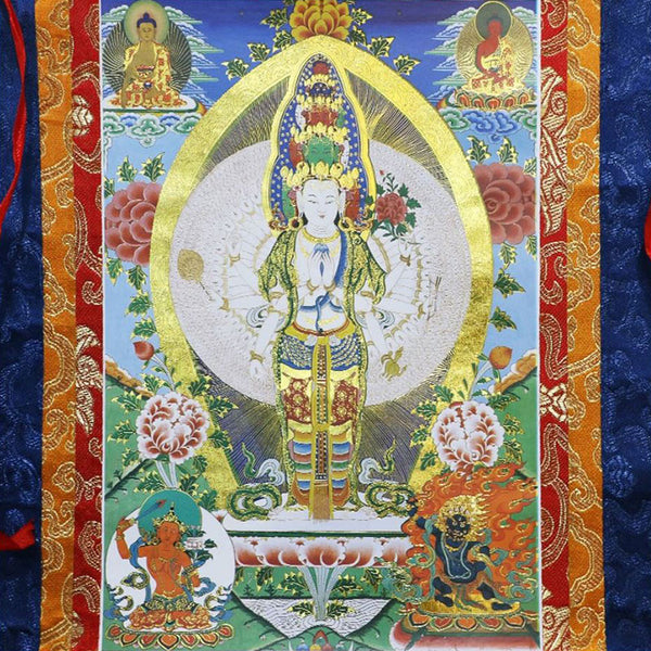Blessed Bronzing Brocaded Wood Scroll, Printed Tibeant Thangka-1000 Armed Avalokitesvara/Kuan Yin-Size90cmx65cm