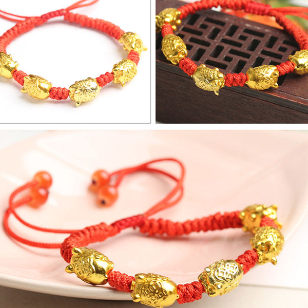 24K Gold Plated Zodiac Year Little Golden Pig Red Couple Bracelet with Red Hand-Woven String