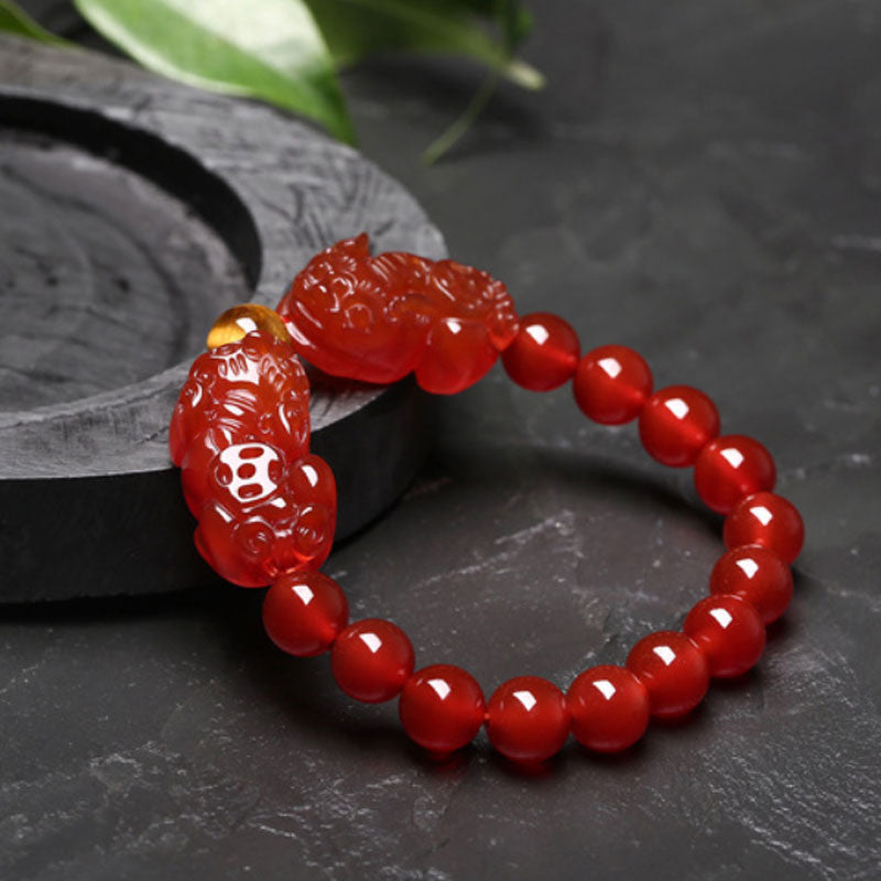 Feng Shui Natural Red Agate Coin and Double Pixiu Bracelet