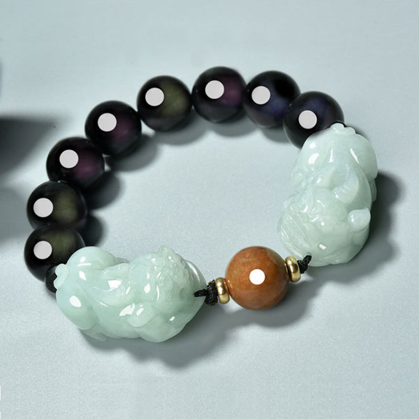 Feng Shui Bracelet Double Pixiu Jade Bracelet with Rainbow Eye Obsidian Chain For Men and Women