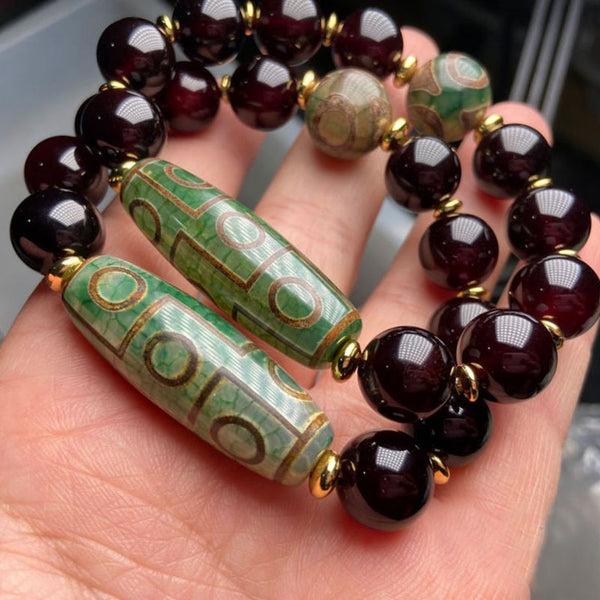 Super Energy Tibetan/Himalayan Tortoise Cracked Burgundy Agate with Green Three-Eyed Dzi Bracelet, Money Magnet Amulet