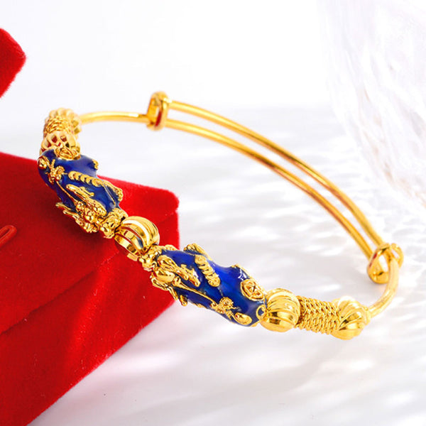 Thermochromic Pixiu Dripping Oil-Plated Blue Cloisonné Sand Gold Bracelet