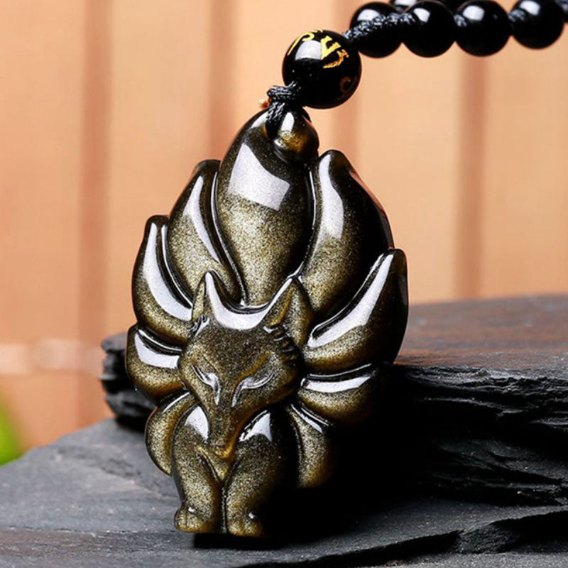 Feng Shui Auspicious Gold Obsidian Nine Tailed Fox Pendant