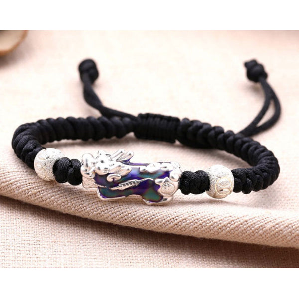 Feng Shui Good Fortune Hand-Wove Black Lucky String Pixiu Adjustable Bracelet (Silver/Thermochromic)