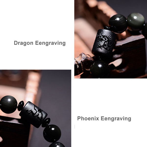 Obsidian Natural Rainbow Eyes Dragon and Phoenix Totem Couple Auspicious Bracelet