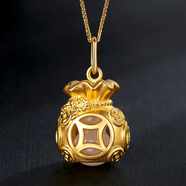 Feng Shui Aupiciou Gold Lucky Money Bag Inlaid with Jade Pendant Clavicle Necklace/ Super Lucky Money Magnet