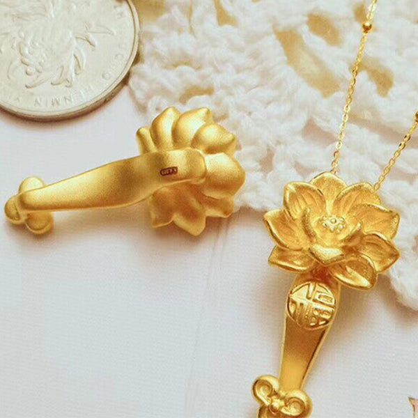 Feng Shui Exquisite Workmanship 999 Real Golden Lotus Ruyi Lucky Fortune Gold Necklace, Amulet