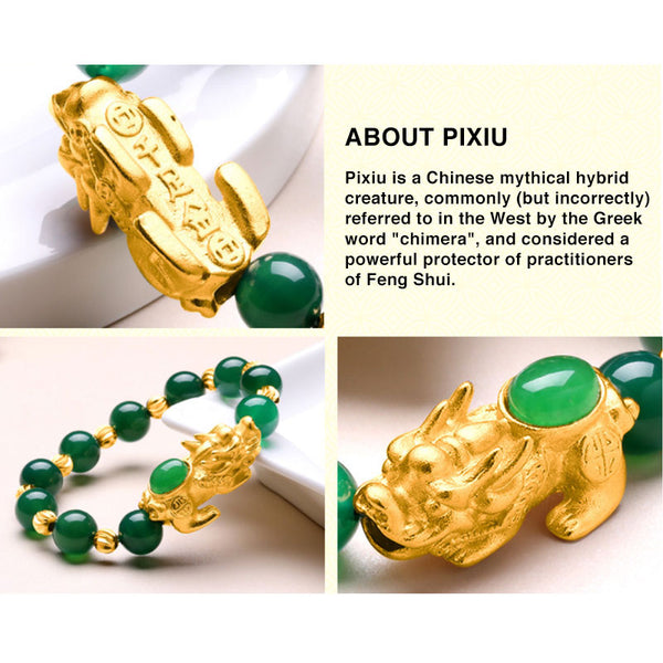Feng Shui Wealth Sand Gold Natural Green Agate Inlaid Pixiu Bracelet