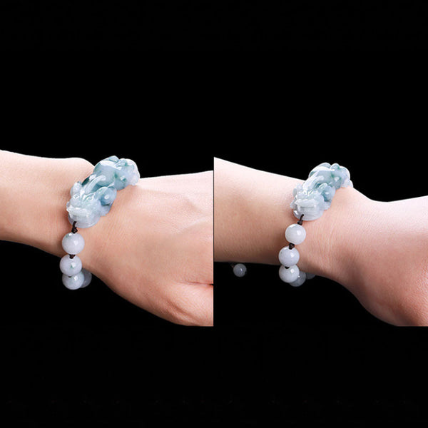 Jade Pixiu Bracelet with Floating Flower Round Beads For Men and Women