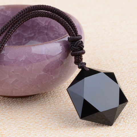 Feng Shui Hand Made Natural Black Obsidian Hexapointed Star Energy Protection Pendant Necklace