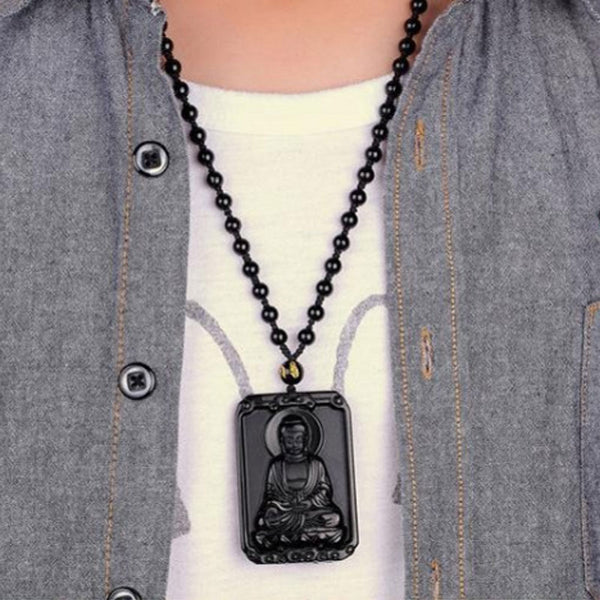 Obsidian Thousand Hands Buddha and Zodiac Pendant