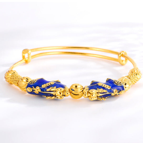 Thermochromic Pixiu Dripping Oil-Plated Blue Cloisonné Sand Gold Bracelet