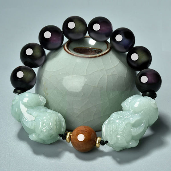 Feng Shui Bracelet Double Pixiu Jade Bracelet with Rainbow Eye Obsidian Chain For Men and Women
