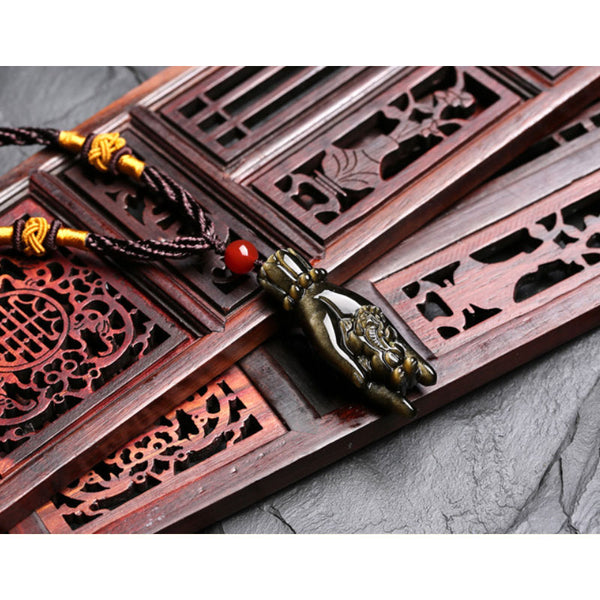 Feng Shui Natural Golden Obsidian Fortune Pixiu in Buddha Hand Pendant