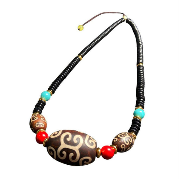 Tibetan/Himalayan Natural Agate Dzi Bead with Pattern of Ruyi Necklace