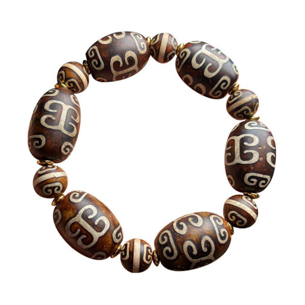 Tibetan Curved Ruyi Pattern Dzi Beads Bracelet, Amulet for Happiness and Increases Access to Good Luck.