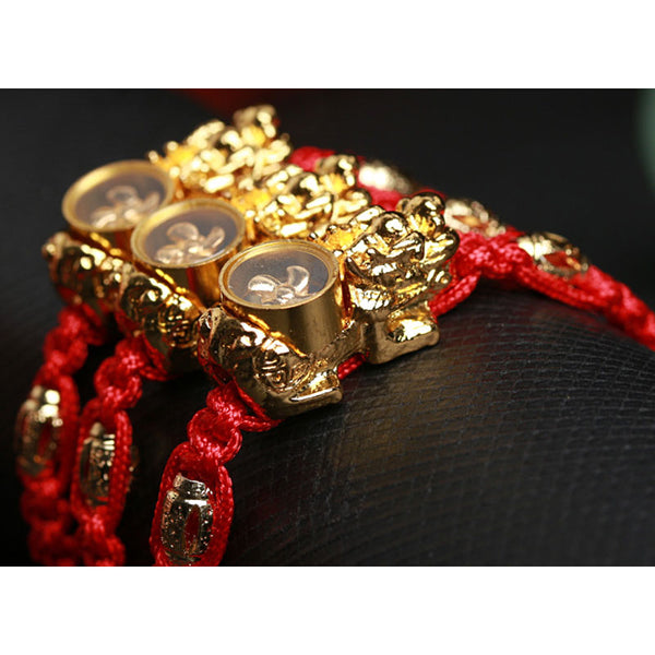 Feng Shui Wealth and Lucky Windmill and Pixiu Thermochromic 3D Gold Plated Bracelet with Hand-woven Red String