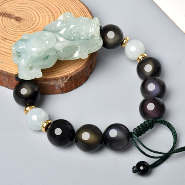 Ice Jade Ruyi Pixiu Bracelet with Rainbow Eye Obsidian Beads For Men and Women