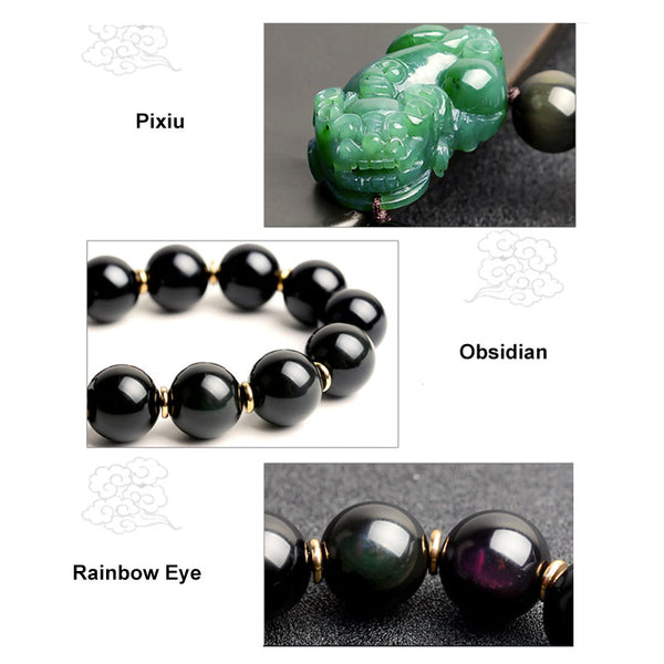 Feng Shui Natual Hetian Jade Pixiu Bracelet with Obsidian Beads
