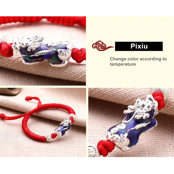 Feng Shui Good Fortune Hand-Wove Lucky Red String Pixiu Bracelet (Silver/Thermochromic)
