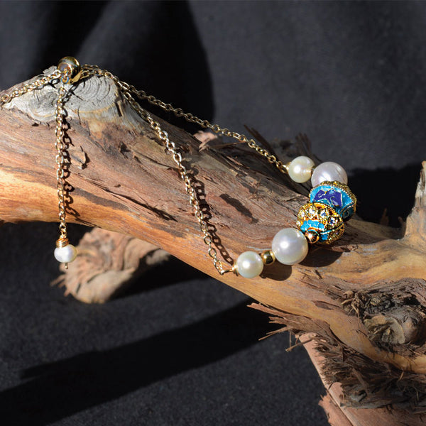 Mulan Style, Mulan Inspired, Traditional Handicraft Auspicious Freshwater Pearl Cloisonne Bracelet， Good Luck Bracelet