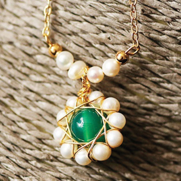 Auspicious Hand-Made Winding Freshwater Pearl Green Cat Eye Stone 14K Gold Plate Necklace