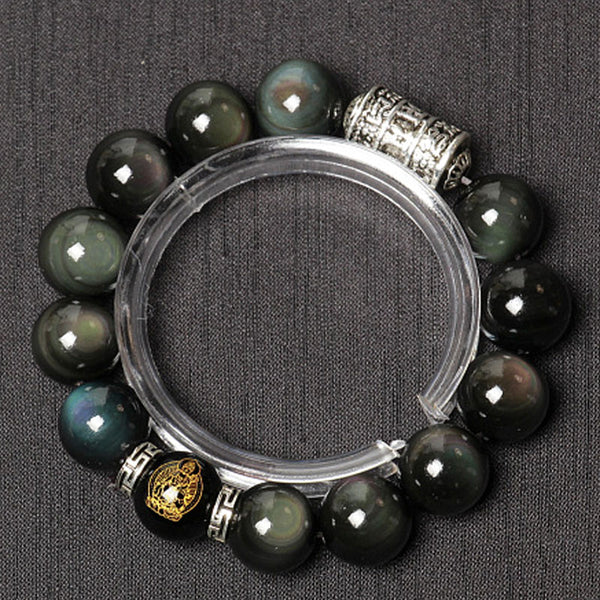 Natural Rainbow Eye Obsidian Bracelet, Buddha and Zodiac Bracelet