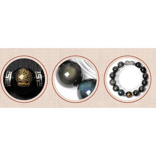 Natural Rainbow Eye Obsidian Bracelet, Buddha and Zodiac Bracelet