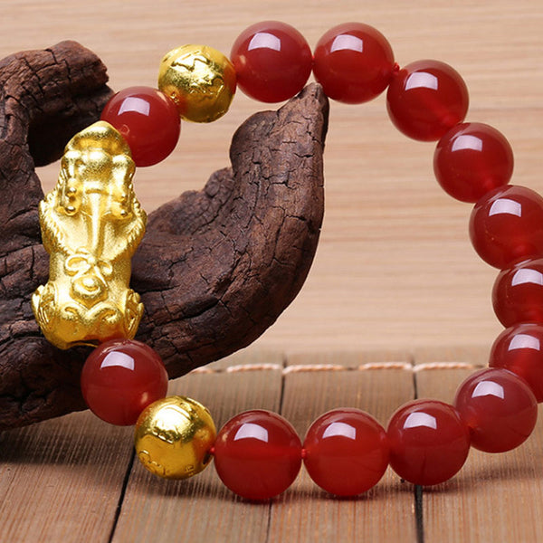 Buddha Mantra Pure Copper Solid Sand Gold Pixiu Bracelet (Natural Obsidian/Natural Red Agate/Black Agate/Tiger Eye)