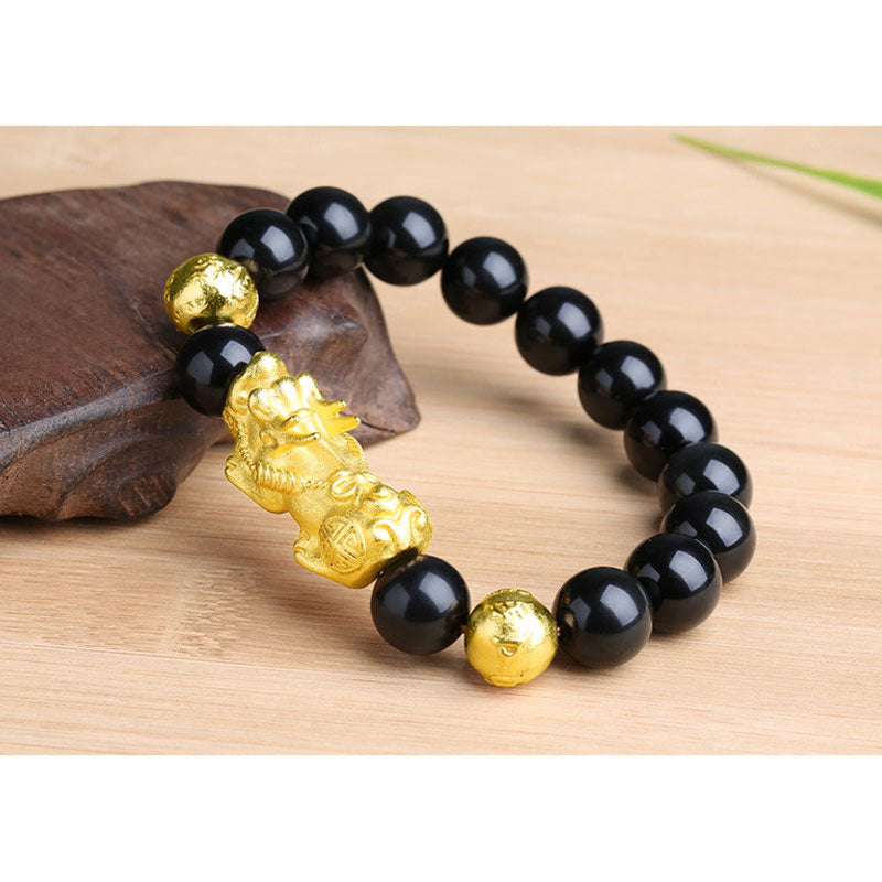 Buddha Mantra Pure Copper Solid Sand Gold Pixiu Bracelet (Natural Obsidian/Natural Red Agate/Black Agate/Tiger Eye)