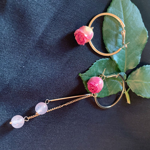 Pink Rose/Eternal Flower Asymmetrical Pearl Love Attraction and Enhancement Earrings