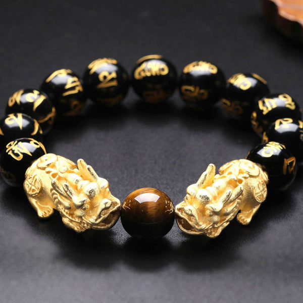Feng Shui Gold, Natural Black Agate, Buddha's Mantra, Double Pixiu Bracelet