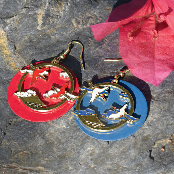 Feng Shui Aupicious Tow-Tone Crane Design Antique Style Earrings
