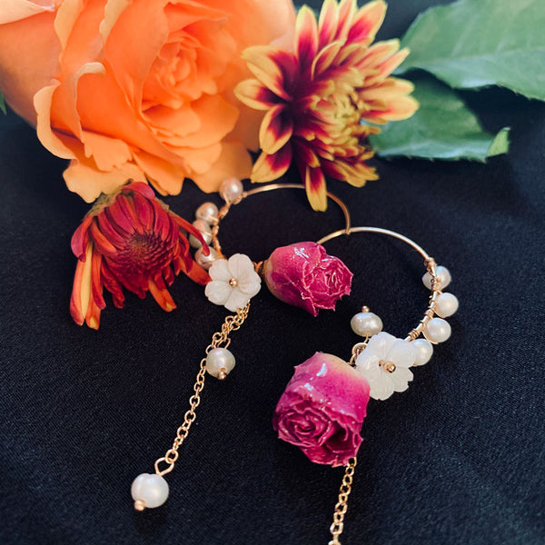 Feng Shui Love Enhencement Pink Rose/Eternal Flower, Shell and Pearl Earrings