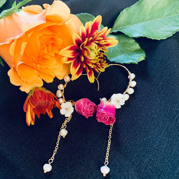 Feng Shui Love Enhencement Pink Rose/Eternal Flower, Shell and Pearl Earrings