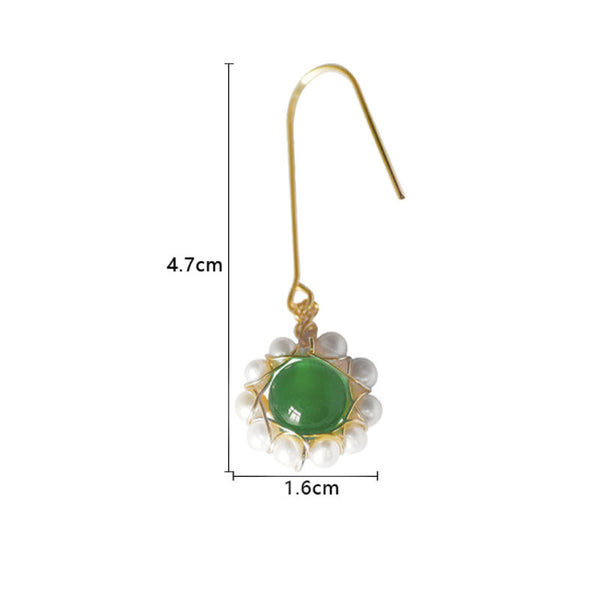 Feng Shui 14 Gold Feng Shui Hand-Made Winding Freshwater Pearl Green Cat Eye Stone Earring